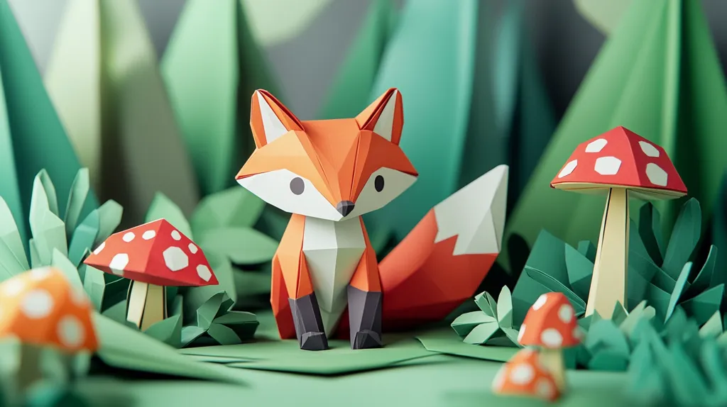 A charming origami fox sits amidst a meticulously crafted paper landscape.  Surrounding the fox are vibrant paper mushrooms and foliage, all rendered in a low-poly style. The scene evokes a whimsical forest setting, showcasing the artistry of paper folding and creating miniature worlds.  The bright colors and detailed textures create a visually appealing and delightful image.