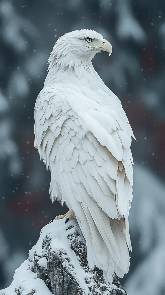 A majestic, all-white bald eagle perches on a snow-covered rock.  Its feathers are pristine, contrasting beautifully with the blurred, snowy background. The eagle's gaze is directed to the right, its sharp talons gripping the rock.  The scene evokes a sense of serene winter wilderness.  Snowflakes gently fall, adding to the tranquil atmosphere.