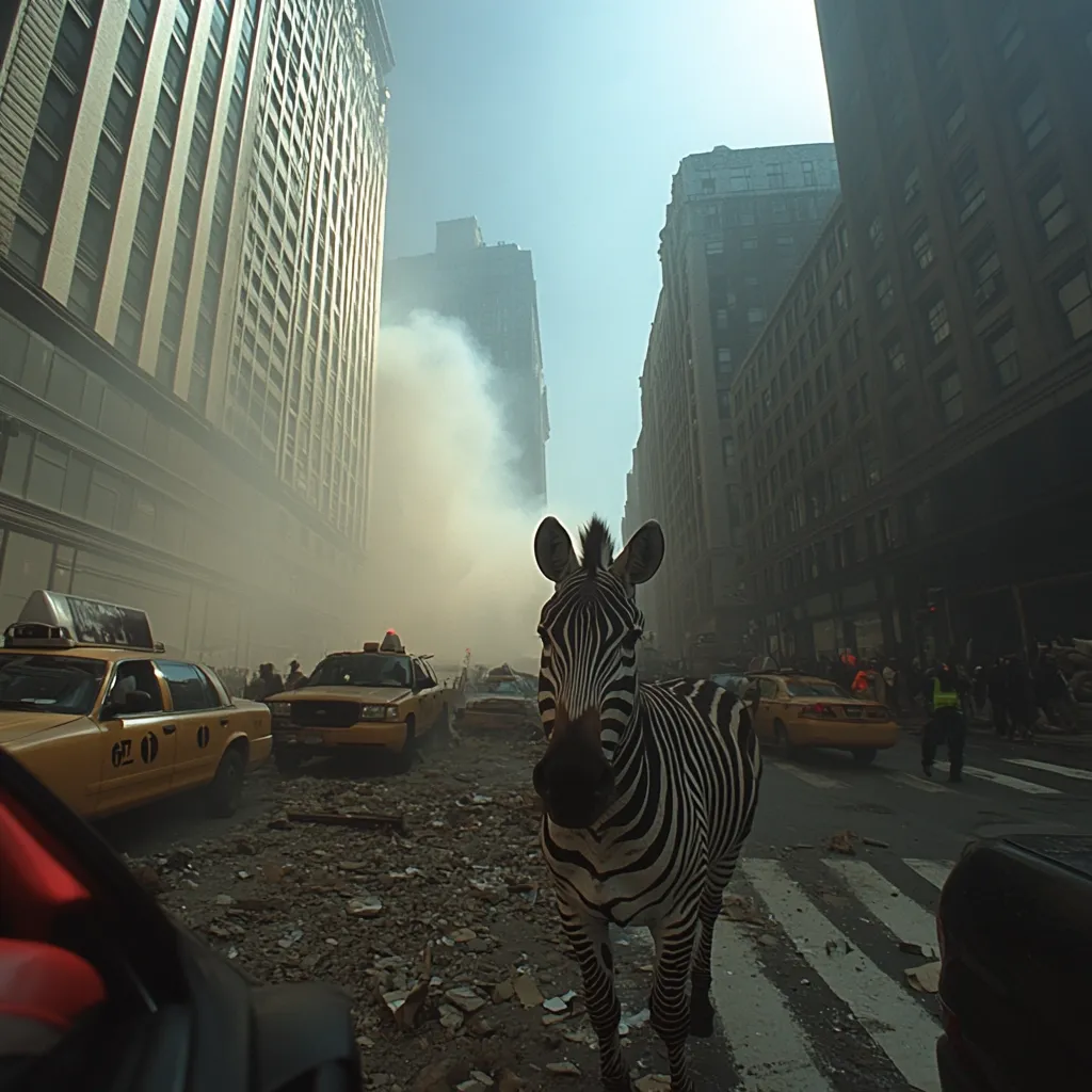 A zebra stands amidst the debris-strewn streets of lower Manhattan, a hazy sky filled with smoke looming overhead.  Yellow cabs are parked haphazardly, and tall buildings rise on either side of the street.  The scene is post-apocalyptic, suggesting the aftermath of a catastrophic event.  People are visible in the distance, adding to the surreal and unsettling atmosphere.