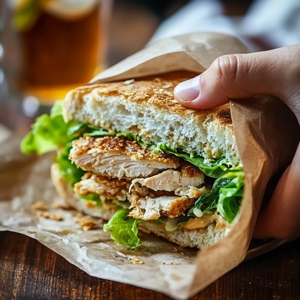 A hand holds a half-eaten crispy chicken sandwich in brown paper.  The sandwich features breaded chicken cutlets, lettuce, and a creamy sauce on a toasted bun.  A glass of amber liquid is blurred in the background. The image emphasizes the texture and deliciousness of the food.
