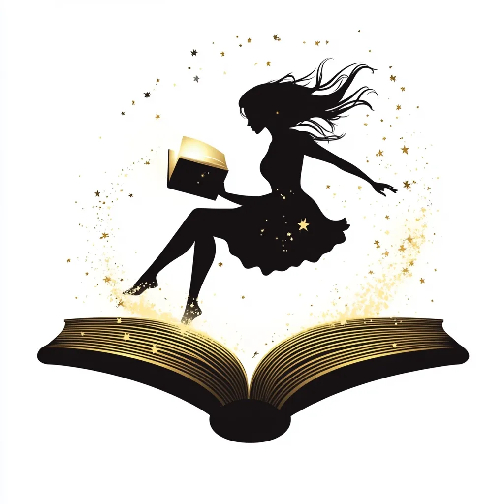 A silhouette of a young woman with flowing hair sits on a magically glowing open book.  She holds a smaller, illuminated book, and golden sparkles surround her, suggesting enchantment. The image evokes a feeling of fantasy, storytelling, and the power of literature.  The overall style is elegant and whimsical.