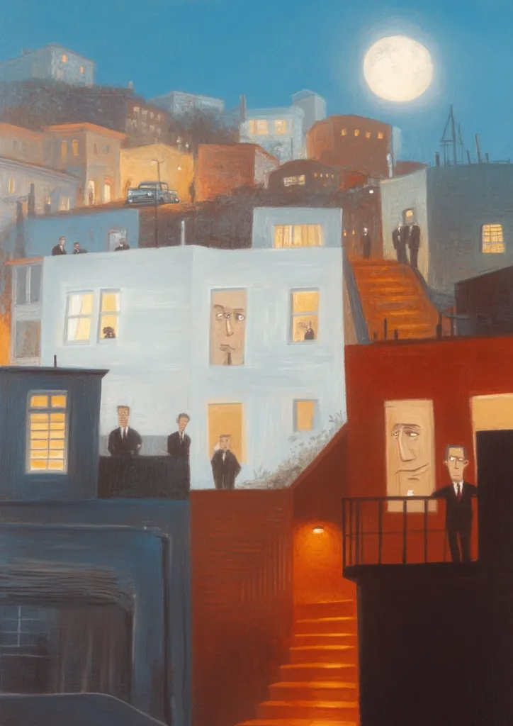A nighttime scene on a hillside, possibly San Francisco, depicts several buildings with figures on rooftops and balconies.  The buildings are brightly lit against a dark sky, illuminated by a large full moon.  Stylized faces appear in windows, adding a surreal element.  The overall mood is quiet observation, with a hint of mystery.  The painting uses a muted color palette with warm oranges and cool blues.
