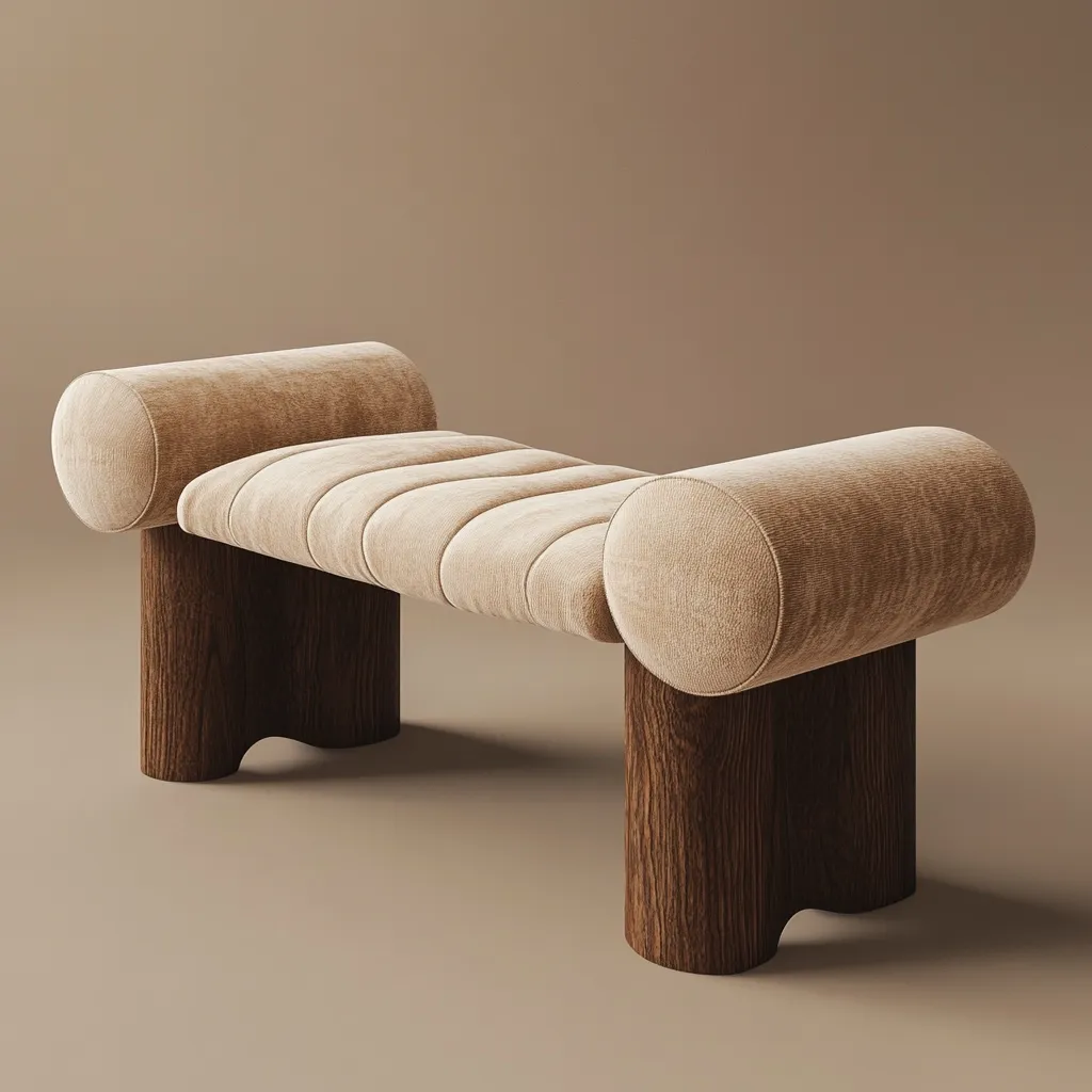 A stylish bench features a light beige, tufted velvet cushion atop dark brown, cylindrical wooden legs.  The cushion's rounded ends add a soft, comfortable look, contrasting with the sturdy wood base. The design is minimalist yet elegant, suitable for a modern or transitional interior.