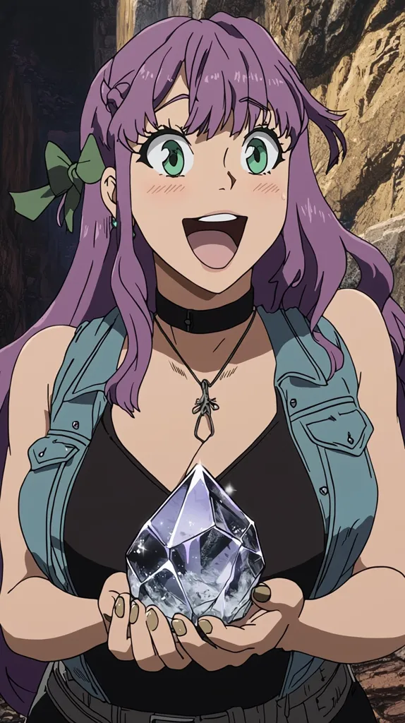 A stylized anime female character with long purple hair and a green-eyed, surprised expression holds a large,faceted crystal.  She wears a black top, teal denim vest, and a dark choker necklace.  A green bow adorns her hair. The background suggests a rocky, outdoor setting.  Her joyful expression emphasizes the importance of the crystal she possesses.