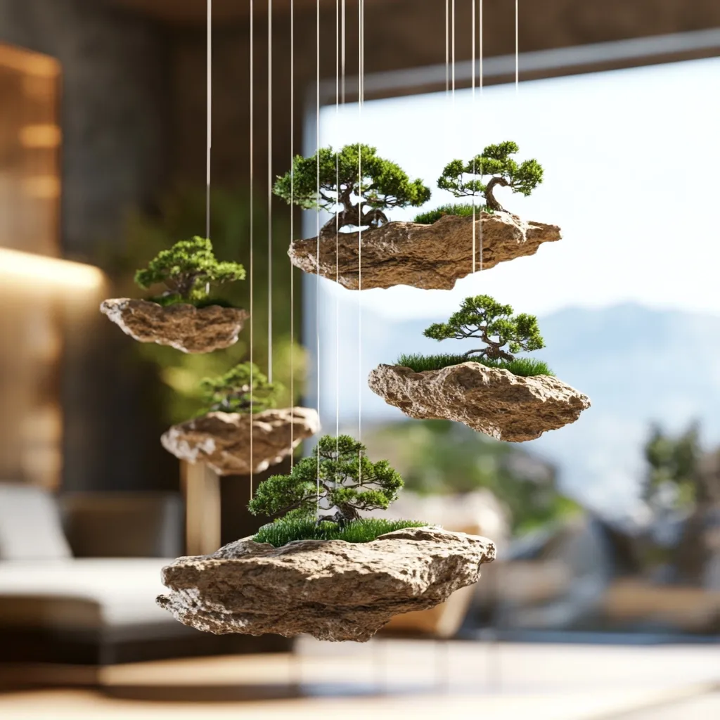 Several miniature bonsai trees, nestled in small, rocky islands, hang suspended from the ceiling.  The islands are attached by thin strings, creating a serene and artistic display.  The background is blurred, showing a modern, minimalist interior space with large windows offering a view of a landscape.  The overall aesthetic is calm and nature-inspired.