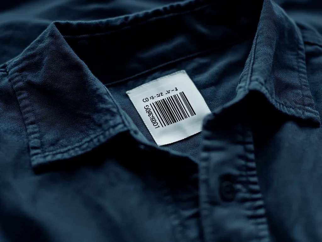Close-up view of a dark blue shirt collar with a white tag attached. The tag displays a barcode and alphanumeric code, suggesting a garment label. The fabric appears to be a heavy cotton twill with a slightly textured surface.  The overall image focuses on the detail and texture of the shirt's material and the contrasting white tag.