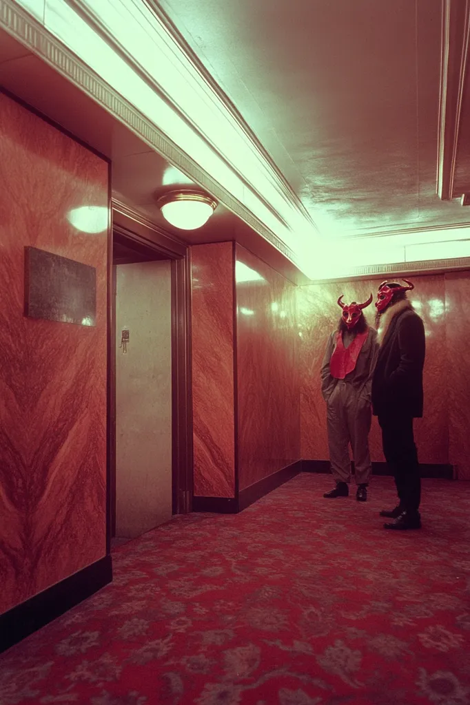 Two figures, wearing red devil masks, stand in a hallway with reddish-brown marbled walls and a red patterned carpet.  The hallway has a classic, Art Deco feel with ornate molding and a single light fixture.  A closed door is visible to the left. The overall atmosphere is mysterious and slightly unsettling.