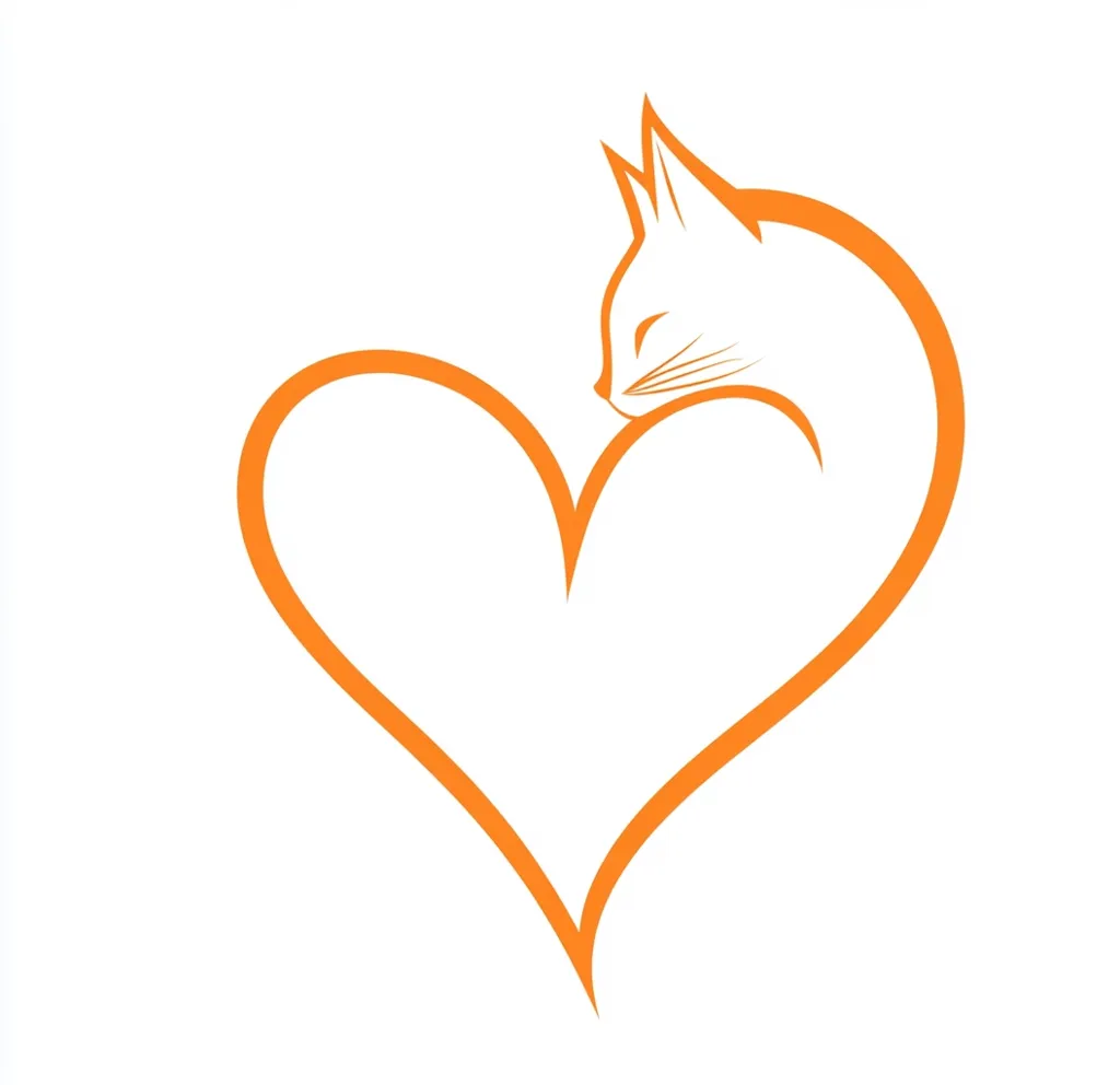 A stylized orange line drawing depicts a cat curled into a heart shape.  The cat's outline is simple, yet expressive, conveying a sense of calmness and affection. The heart form created by the cat's body symbolizes love and companionship, a perfect representation of the bond between a pet and owner. The image is clean and minimalist, suitable for various uses.