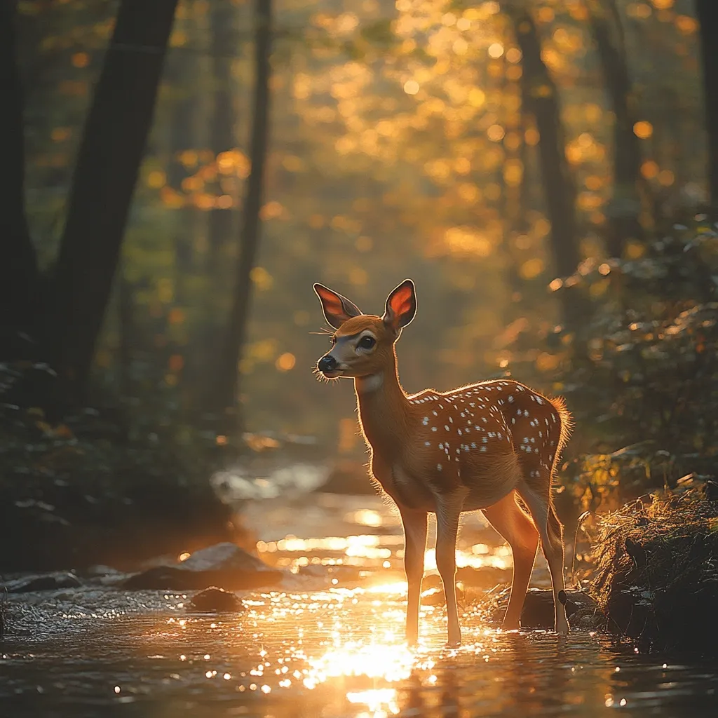 A young white-tailed deer fawn stands in a shallow stream, bathed in the golden light of the setting sun.  The dappled sunlight filters through the trees of a lush forest, creating a magical, serene atmosphere.  The fawn's spotted coat is highlighted by the warm glow, making it a captivating centerpiece in this idyllic woodland scene.  The water reflects the sunlight, adding to the peaceful beauty of the moment.