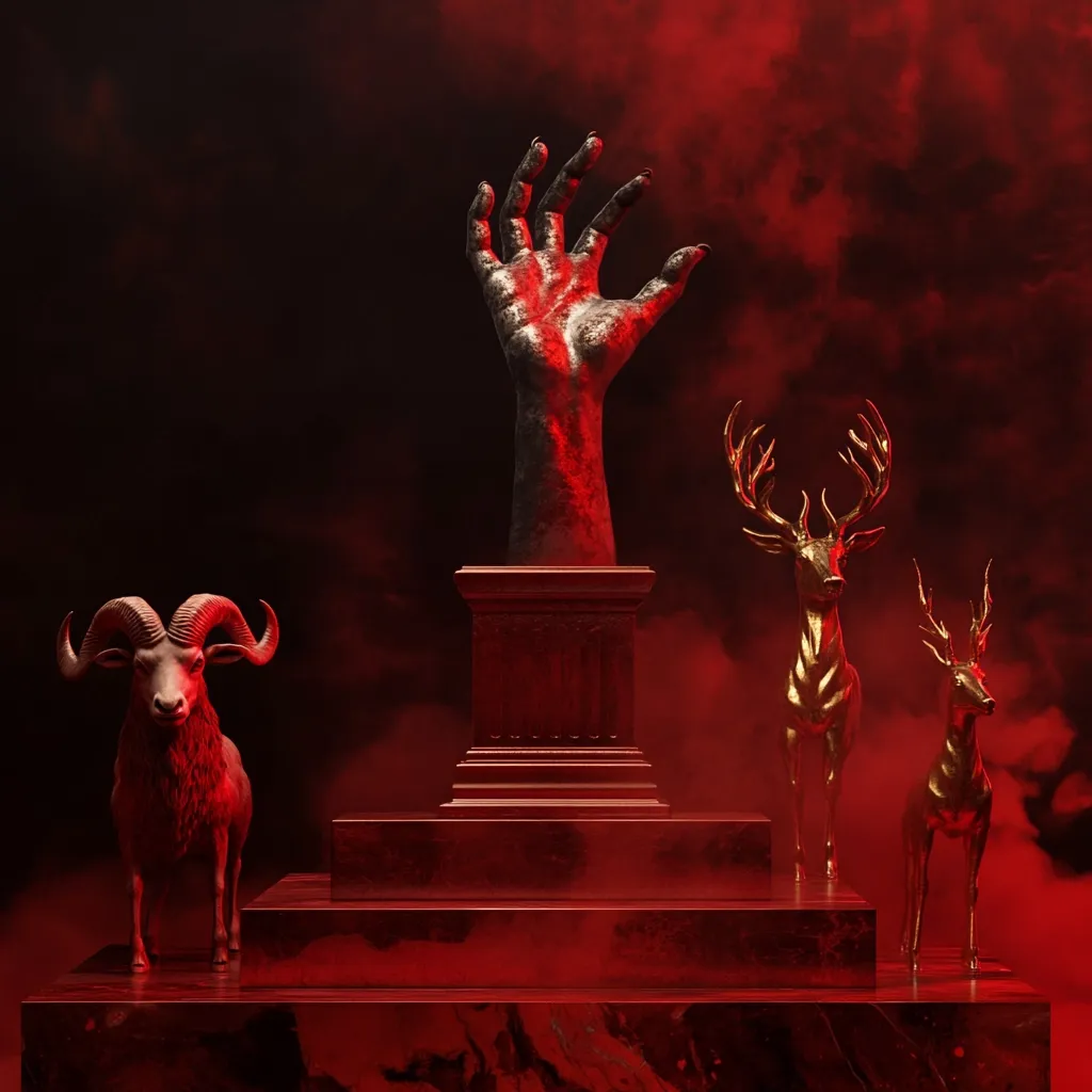A dark, dramatic scene featuring sculpted figures bathed in red light.  A large, clawed hand rises from a dark pedestal, flanked by a ram and two golden deer.  The overall atmosphere is ominous and mysterious, suggesting a ritualistic or symbolic setting.  Red smoke or fog adds to the mystical ambiance.  The sculptures are positioned on a tiered platform, emphasizing their importance.