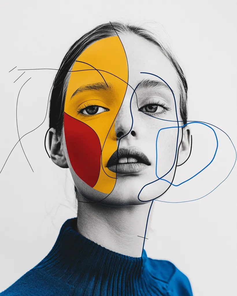 A stylized portrait of a woman, her face partially obscured by bold geometric shapes in yellow and red.  The image is predominantly black and white, with the colorful sections creating a striking contrast.  Abstract, thin black and blue lines intertwine around her face, adding a layer of artistic complexity and modern aesthetic.  She wears a deep blue turtleneck sweater.  The overall effect is a contemporary art piece blending photorealistic elements with abstract design.