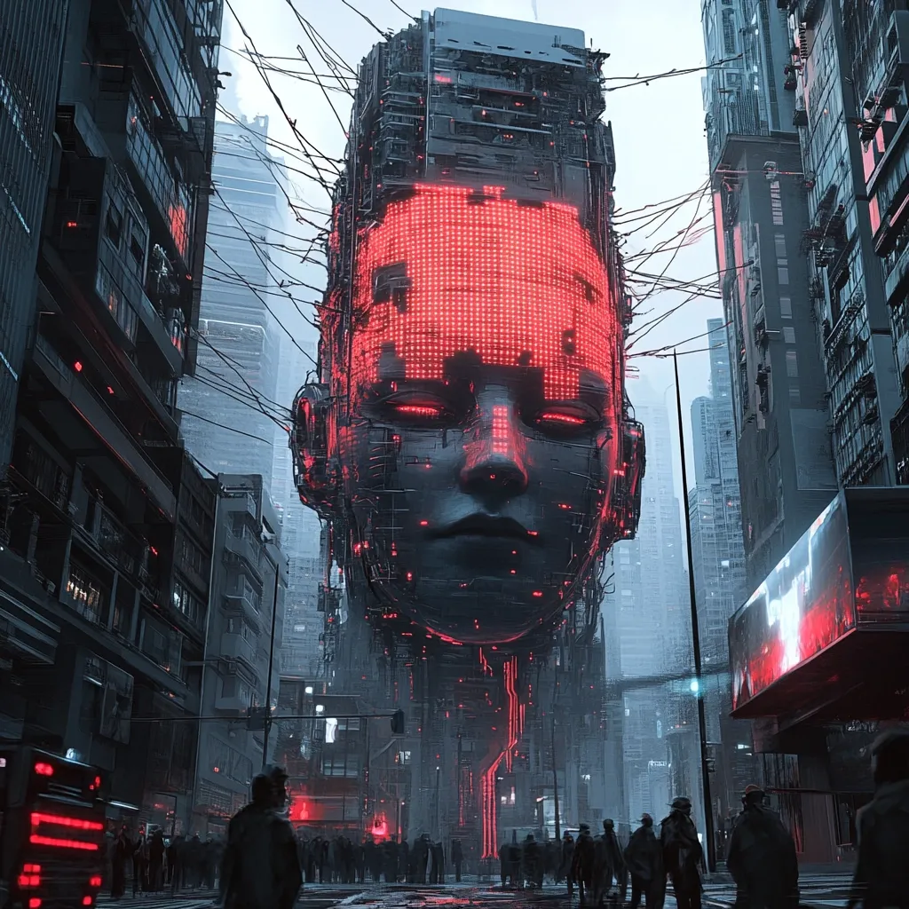 A colossal, cyberpunk-style head dominates a futuristic cityscape.  Its face, composed of dark metal and glowing red circuitry, displays a pixelated image on its forehead.  Tall, imposing buildings flank a wet street where numerous figures walk, dwarfed by the immense structure.  The overall aesthetic is dark, gritty, and technologically advanced, hinting at a dystopian or technologically saturated future.