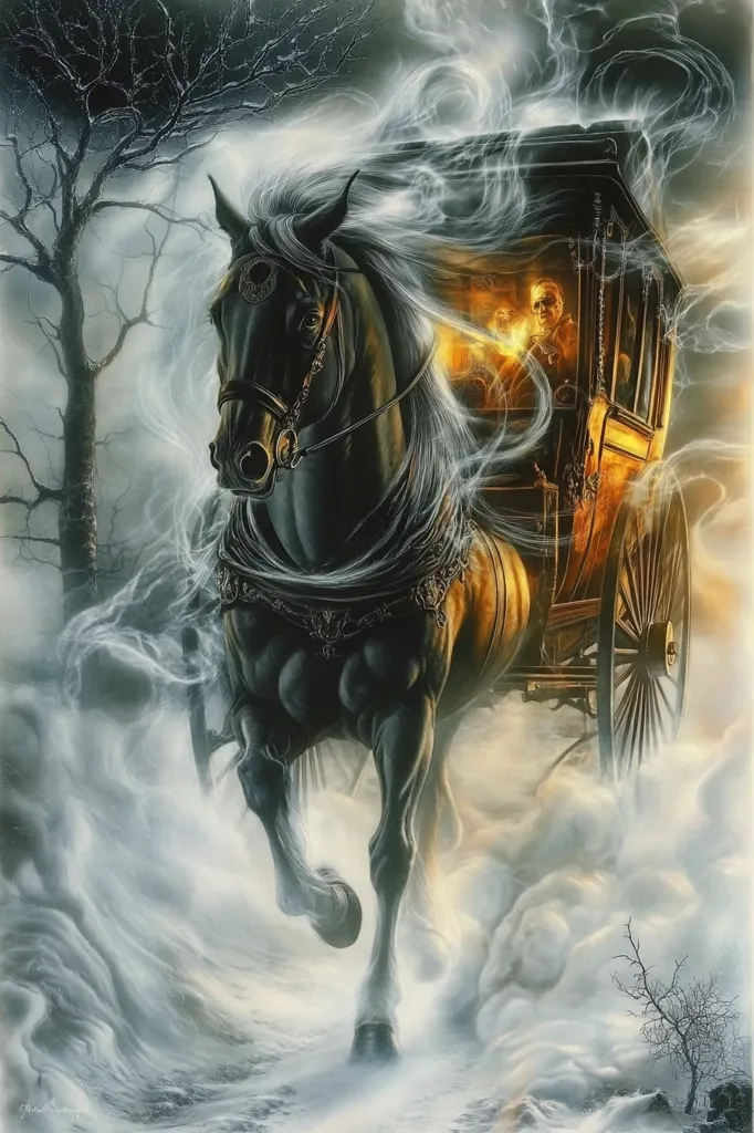 A majestic black horse, its mane flowing like smoke, pulls an ornate, golden carriage through a misty, wintry landscape.  Spectral figures are visible within the carriage, adding an ethereal quality to the scene. Bare, skeletal trees frame the artwork, enhancing the overall ghostly atmosphere. The horse's powerful gait suggests a sense of urgency and mystery.