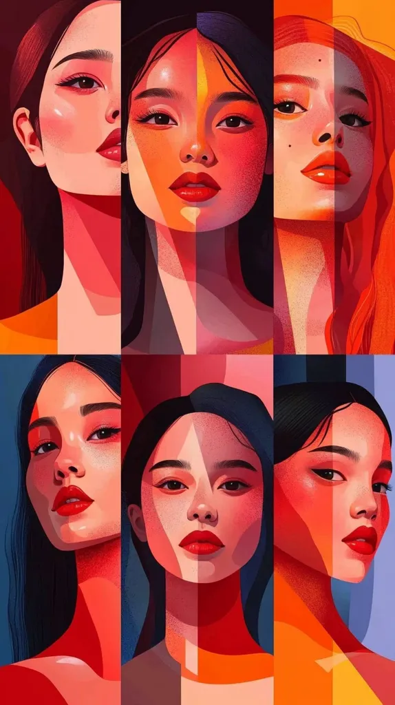 A vibrant digital artwork showcases six stylized female portraits.  Each face is split into sections, creating a geometric effect with bold, saturated red and orange hues. The style is reminiscent of pop art, with sharp lines and a textured, almost grainy appearance.  The women's features are emphasized, creating a striking and modern aesthetic.