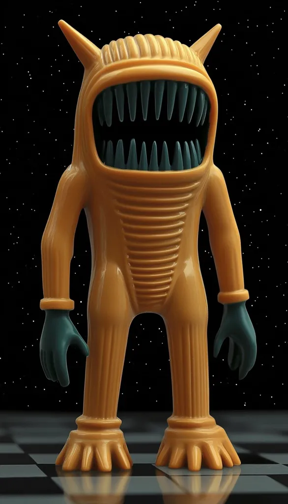 A golden, humanoid figure with a large, toothy mouth stands against a black, starlit background.  It has dark green hands and feet, and its body is segmented, resembling a ribbed spacesuit. The figure's pose is upright, and it appears to be positioned on a checkered surface.  The overall style suggests a vintage or retro science fiction toy.