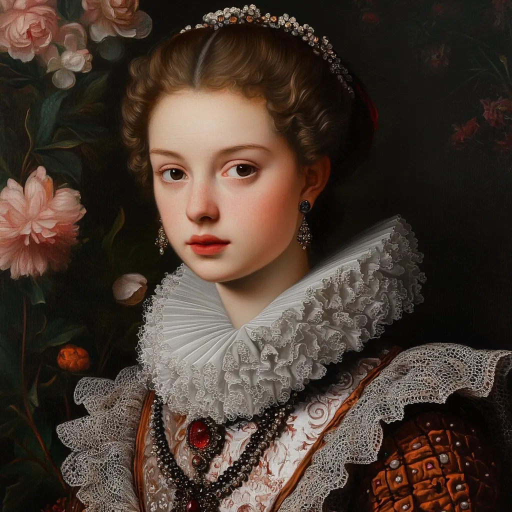 A young woman, adorned in a lavish, ruffled white collar and an intricate orange and pearl gown, is the subject of this Baroque-style portrait.  She wears a jeweled crown and earrings, and a striking necklace with large red gemstones.  Her delicate features and soft expression are highlighted against a dark background featuring lush pink and white flowers.  The painting's detail and rich colors evoke a sense of elegance and sophistication.