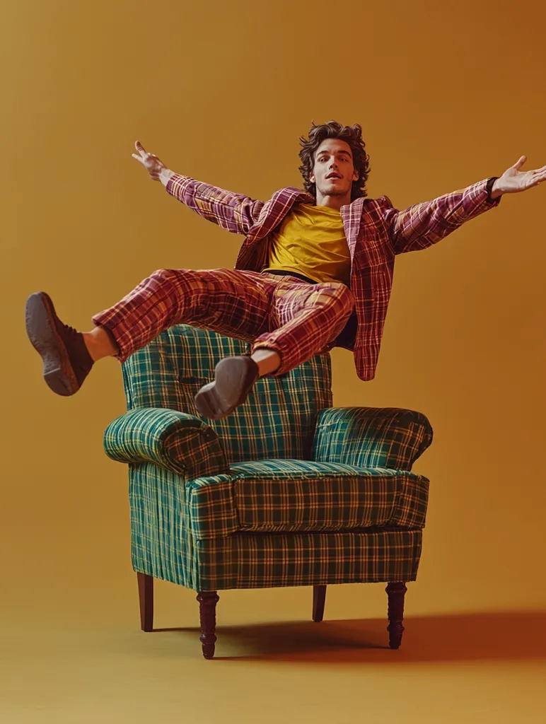 A young man in a red and green plaid suit playfully suspends himself above a similarly patterned armchair against a mustard-yellow backdrop.  His arms are outstretched, and he appears mid-air, creating a dynamic and slightly surreal image. The matching patterns of the suit and chair unify the composition.  His expression is one of playful abandon.