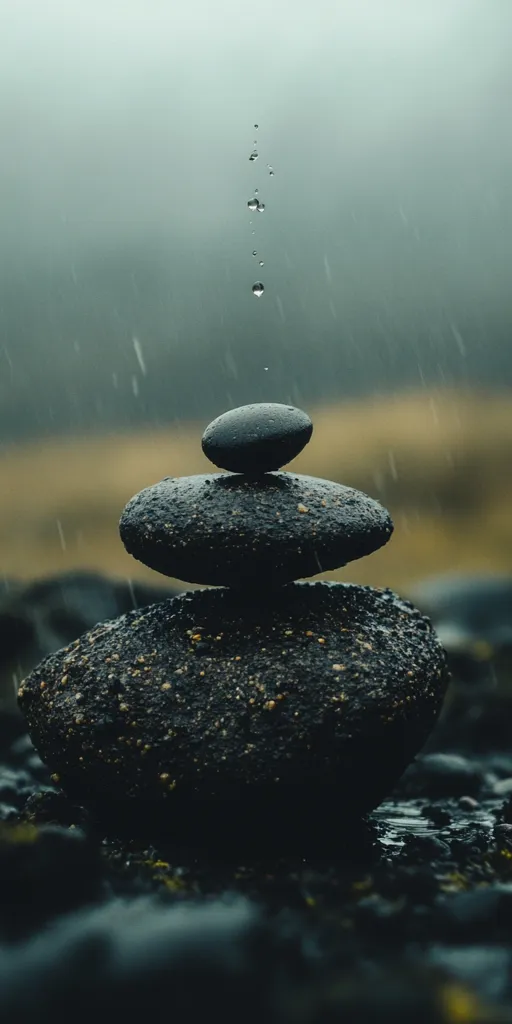 Three dark, wet stones are meticulously balanced on top of each other, creating a serene cairn.  Rain falls gently around them, with droplets visible in the air. The background is blurred, suggesting a misty, outdoor setting. The overall mood is one of tranquility and balance amidst the elements.