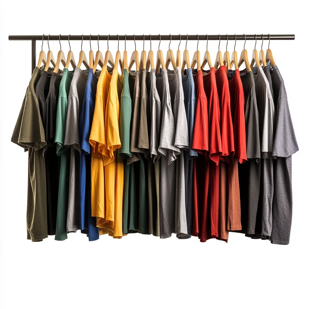 A clothing rack displays a vibrant collection of short-sleeved t-shirts in various colors.  The shirts, neatly arranged on wooden hangers, showcase a range of shades including olive green, gray, blue, yellow, red, and brown.  The organized display presents a clean and appealing visual of ready-to-wear apparel.