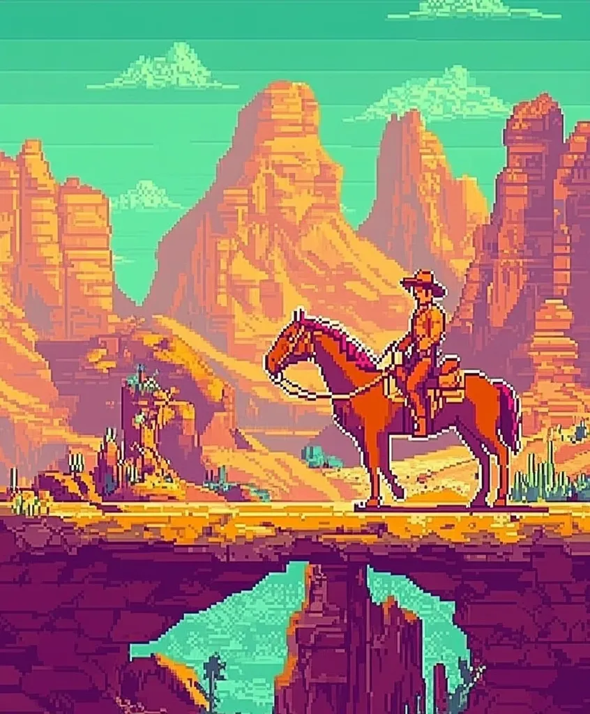 A pixel art depiction of a cowboy riding a horse across a narrow rock bridge.  The vibrant scene features a dramatic desert landscape with towering sandstone formations under a pastel sky.  The style is reminiscent of classic 8-bit video games, creating a nostalgic and adventurous atmosphere. The cowboy is centrally positioned, emphasizing his solitary journey through the vast, colorful wilderness.