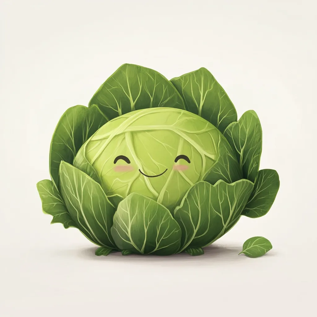 A charming illustration depicts a cartoon cabbage with a cheerful, smiling face.  Its round head is nestled within vibrant green leaves, creating a cute and whimsical character.  The soft, painted style gives the cabbage a friendly and approachable quality, perfect for children's books or food-related designs. A small detached leaf rests to the side.