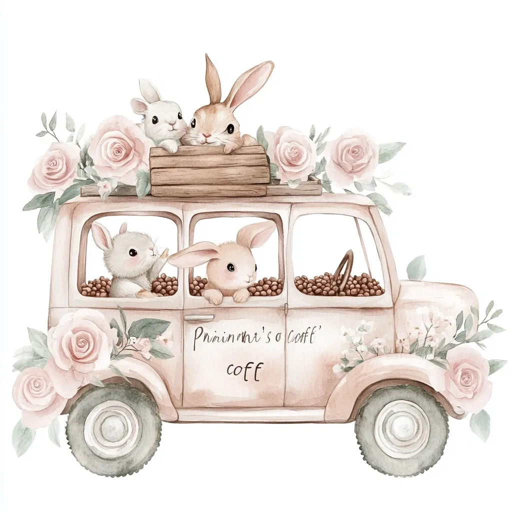A charming watercolor illustration depicts a vintage pink car adorned with blush roses and greenery.  Three adorable bunnies are featured; one sits atop the car on a wooden crate, while two others peek from the windows, surrounded by coffee beans.  The car is labeled "Pnainwhi's Coff," adding a whimsical touch to this sweet, countryside-inspired scene.