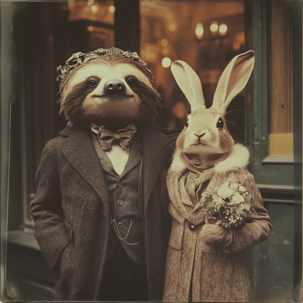 A sepia-toned portrait showcases a sloth and a rabbit, elegantly dressed in vintage attire. The sloth, wearing a suit and bow tie, is adorned with a flower crown.  The rabbit, in a matching coat, holds a small bouquet.  The image evokes a whimsical, romantic mood, reminiscent of old-fashioned wedding photography. The setting appears to be an outdoor location, possibly near a shopfront.