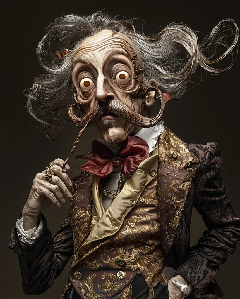 A digital rendering depicts a grotesque, elderly man with wildly styled gray hair, prominent, bulging eyes, and an exaggerated handlebar mustache.  He's dressed in an ornate, dark brown and gold brocade waistcoat and jacket, suggesting a period style. His skin is textured and shows signs of age and decay. The overall effect is a blend of fantasy and macabre, reminiscent of a character from a gothic tale.  He holds a small object, perhaps spectacles, in his hand.