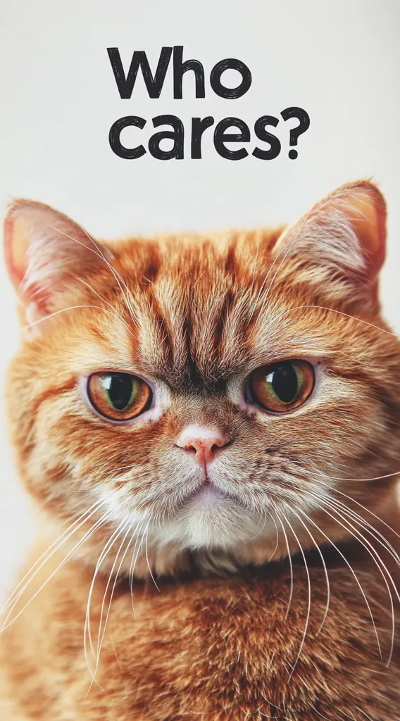 A close-up of an orange tabby cat with an unimpressed expression.  The cat's eyes are narrowed, and its whiskers are prominent.  Above the cat, the words "Who cares?" are displayed in a bold, sans-serif font. The overall tone is one of nonchalant apathy.