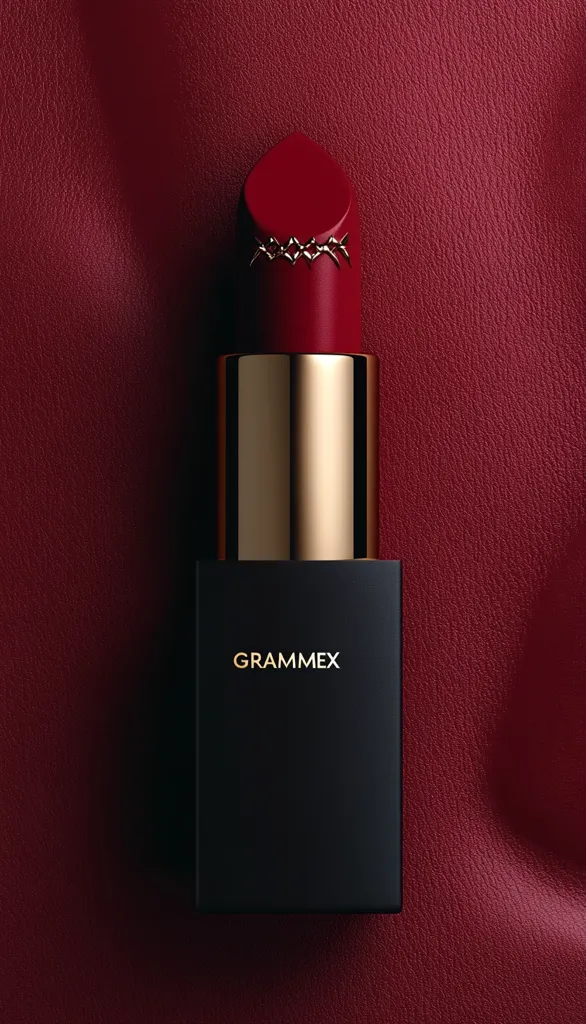 A Grammex lipstick is displayed against a rich burgundy leather backdrop. The lipstick features a deep red hue and a gold-colored band encircling its base.  The bullet is subtly adorned with a delicate, gold-toned design. The lipstick is housed in a sleek, black casing with the brand name subtly embossed in gold.  The image is clean, sophisticated and emphasizes luxury.
