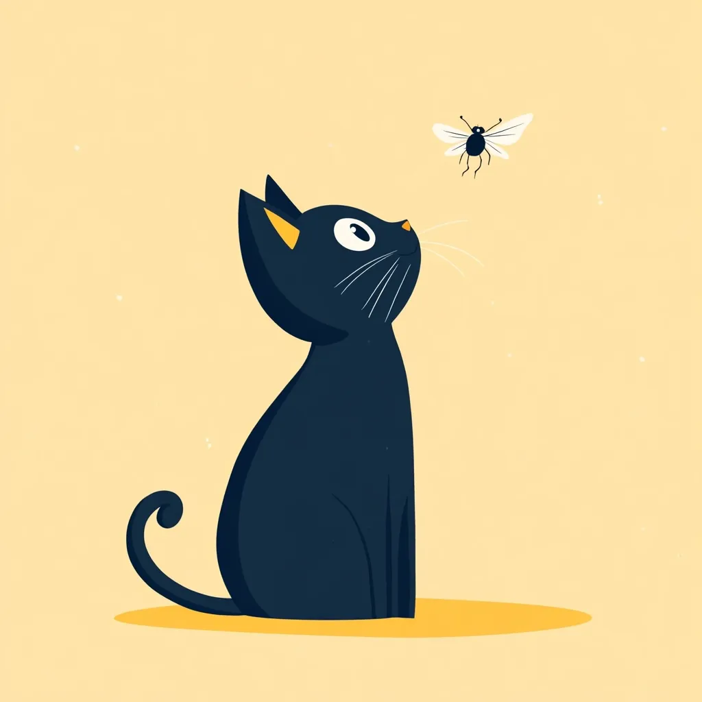 A stylized illustration depicts a dark-blue cat sitting and gazing upwards at a small, winged insect.  The cat is rendered in a minimalist, almost cartoonish style, with simple shapes and muted colors.  The background is a pale yellow, providing a soft contrast to the cat's dark form. The scene evokes a sense of quiet observation and playful curiosity.