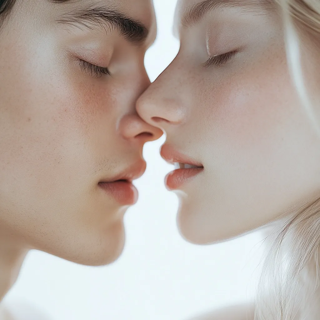A close-up shot captures a young couple on the verge of a kiss.  Their eyes are closed, and their faces are gently pressed together, showcasing soft, pale skin and delicate features.  The image evokes a sense of intimacy and tenderness, with a soft, romantic lighting.  The focus is entirely on their faces and the anticipation of their kiss.
