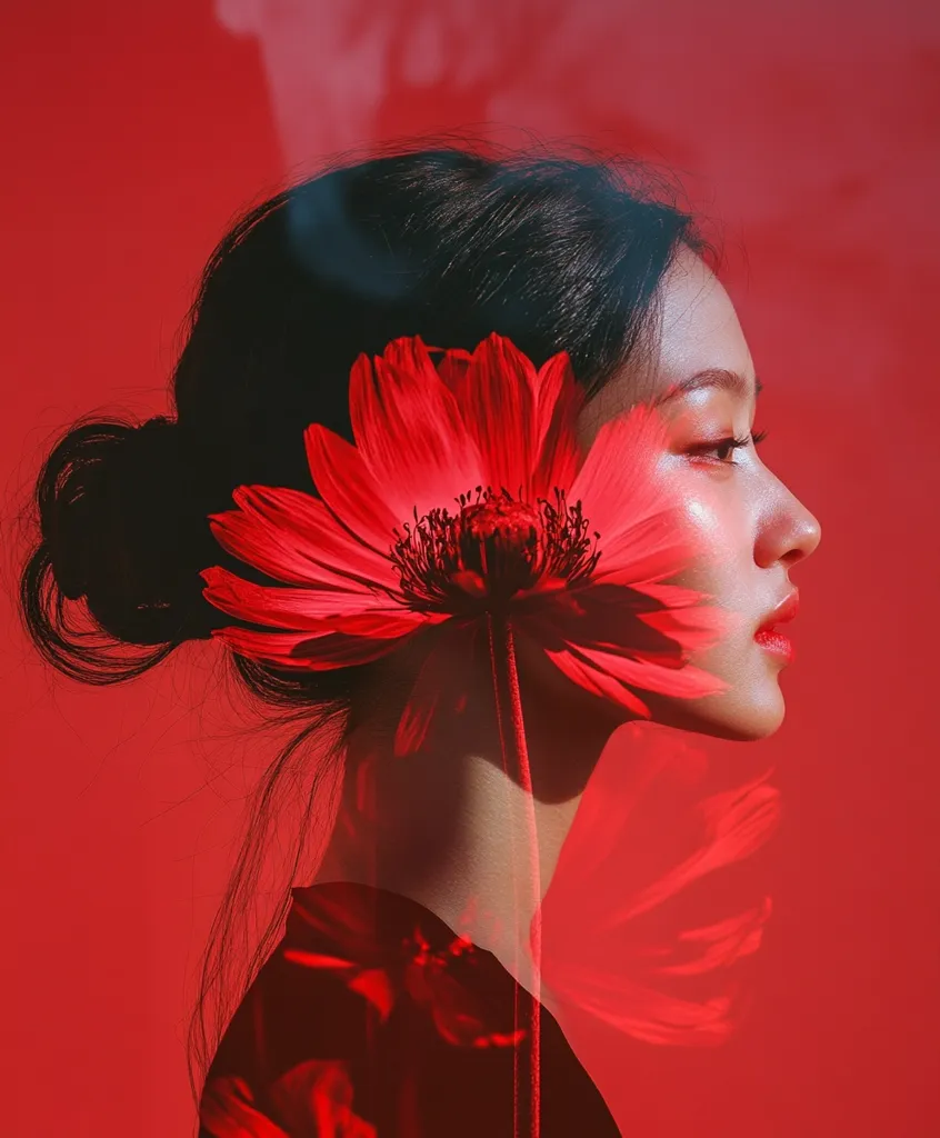 A double exposure photograph showcases a woman's profile against a vibrant red backdrop.  Her dark hair is styled in a bun. A large, crimson flower is superimposed over her face and neck, blending seamlessly with the red tones.  The overall effect is striking and artistic, emphasizing a sense of beauty and unity with nature.