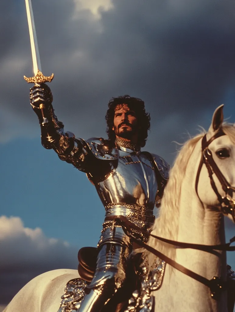 A knight in shining silver armor, astride a white horse, raises his sword towards a dramatic sky.  The knight's dark hair and beard contrast with the bright metal and the pale horse. The image evokes a sense of heroism and medieval chivalry, possibly a scene from a film or a painting. The setting appears to be outdoors, under a cloudy sky.