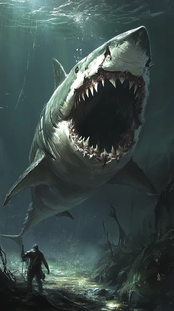 A colossal, scarred great white shark looms above a lone figure in murky, underwater ruins.  The shark's gaping maw reveals rows of menacing teeth. The human, silhouetted against the gloom, appears dwarfed by the creature's immense size, creating a dramatic scene of impending danger and the overwhelming power of nature.  The dark, submerged environment emphasizes the shark's terrifying presence.