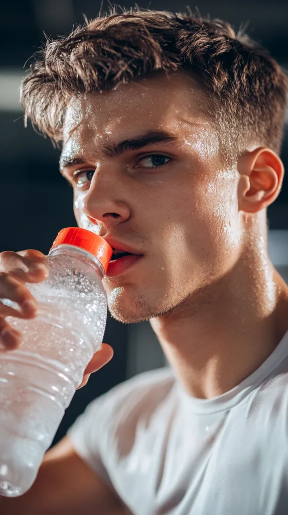 A sweaty young man with short brown hair drinks from a plastic water bottle.  His face is glistening with perspiration, indicating a strenuous workout. He is wearing a plain white t-shirt.  The focus is on his face and the bottle, emphasizing his thirst and exertion. The background is dark and blurred, drawing attention to the man in the foreground.