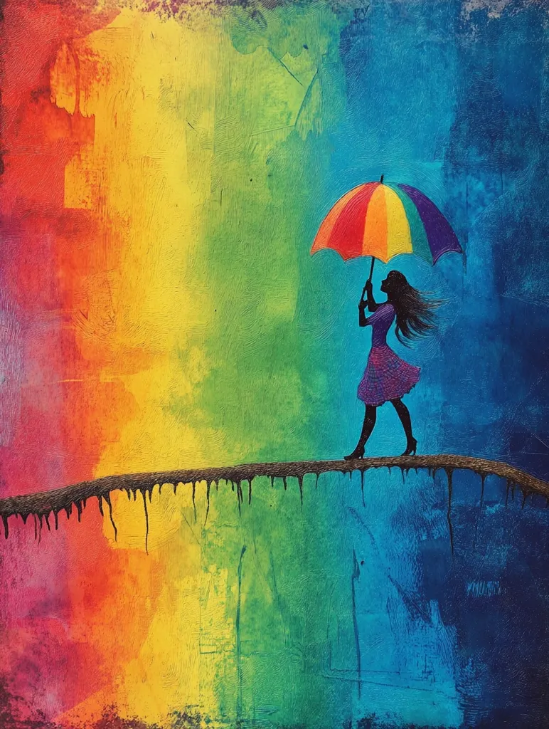 A vibrant painting depicts a silhouetted woman walking a narrow path across a colorful chasm. She holds a rainbow umbrella, her figure contrasting against the richly textured backdrop of reds, oranges, yellows, greens, and blues. The path appears precarious, yet the woman strides confidently, suggesting resilience and embracing life's diverse spectrum.  The artwork's impasto style adds depth and emotion to the scene.