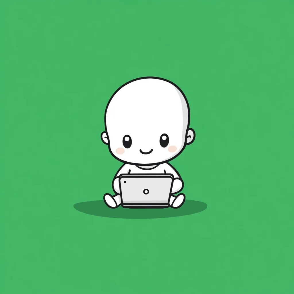 A cute cartoon baby, bald with large eyes and a simple smile, sits on a green background, holding a small laptop computer on its lap.  The baby's expression is peaceful and content. The image is simple and minimalist, using clean lines and a limited color palette.  The overall style is playful and endearing.