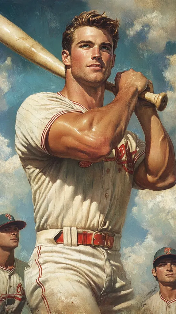 A muscular, blond baseball player, in a vintage-style uniform, holds a bat across his shoulders.  He is the focal point of a painting, with two other players partially visible in the background. The style is reminiscent of classical American art, with a focus on realistic rendering of the athlete's physique and a subtly textured background of a cloudy sky. The overall mood is one of strength and athleticism.