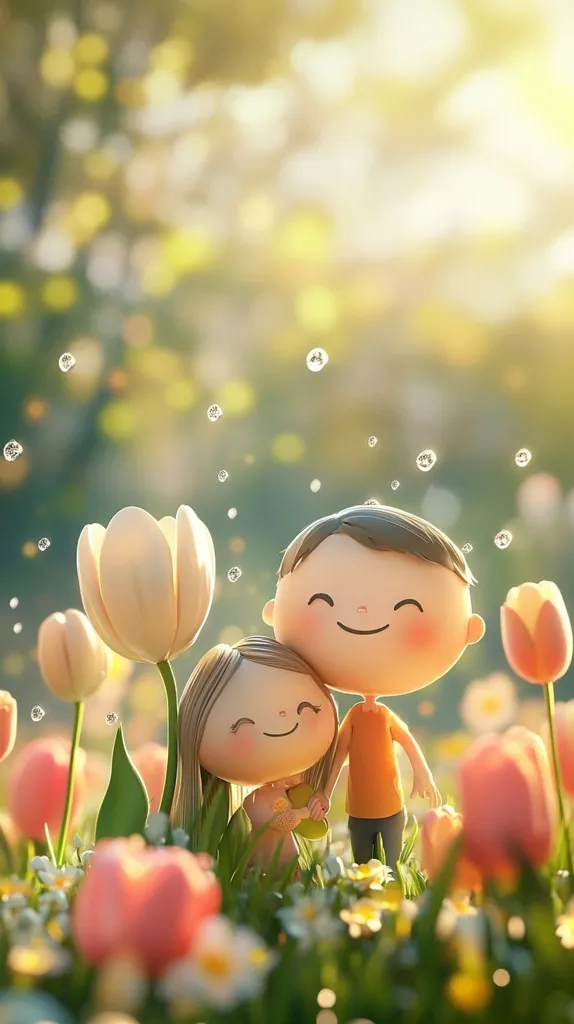A charming illustration depicts a cute cartoon couple amidst a vibrant field of tulips.  The boy, with rosy cheeks and a wide smile, embraces a girl holding a small, heart-shaped object.  Sunlight filters through the bokeh-blurred background, creating a dreamy, romantic atmosphere.  Raindrops gently fall, adding to the serene and whimsical scene. The overall tone is cheerful and heartwarming.