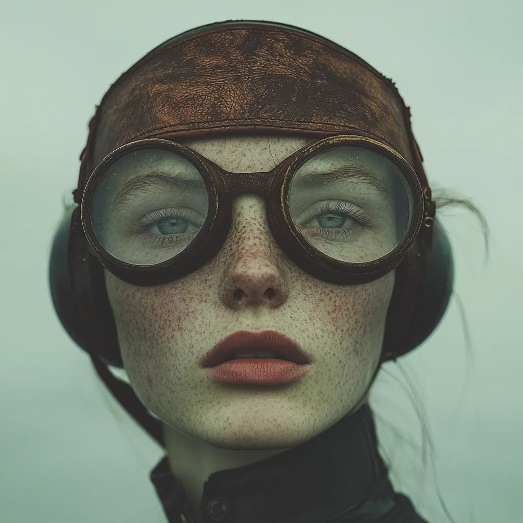 Close-up portrait of a young woman with freckles, wearing large, round, vintage-style goggles and a brown leather aviator cap.  Her expression is serious and her gaze is direct. The muted color palette and textured clothing contribute to a moody, atmospheric feel. The image evokes a sense of mystery and adventure.
