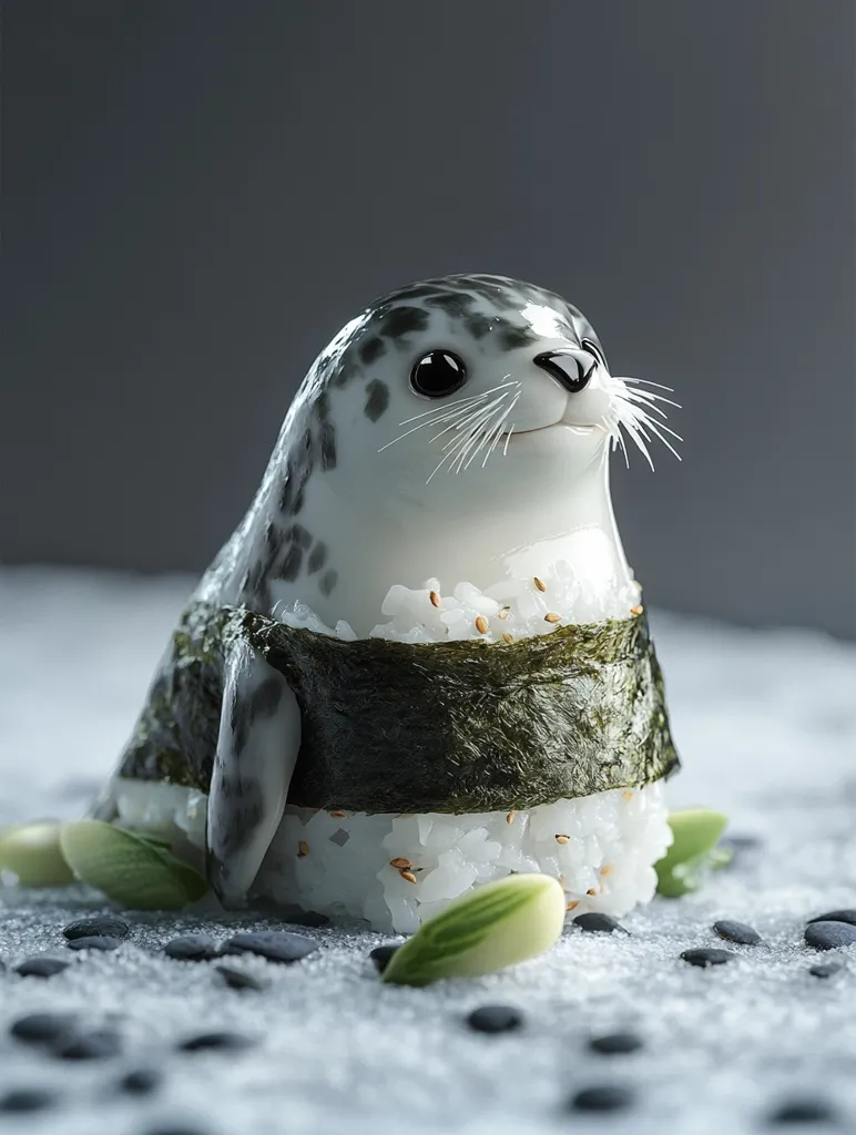 An adorable harp seal is artfully sculpted from rice and seaweed, resembling a sushi creation.  The seal's design is detailed, with its characteristic spots and expressive eyes. It's nestled on a bed of white, speckled with small black stones and garnished with green accents, creating a visually appealing and whimsical food art piece.