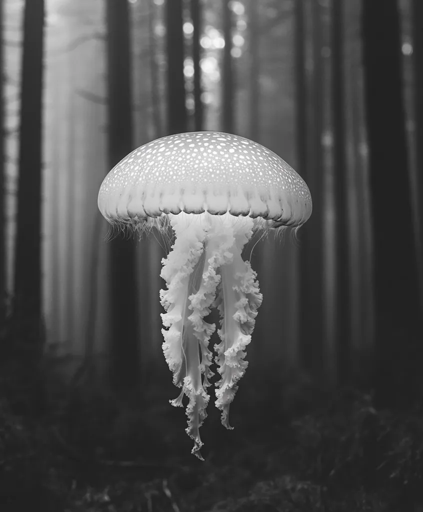 A black and white image depicts a jellyfish seemingly floating in a dark forest.  The jellyfish is centrally positioned, its bell speckled and its tentacles flowing downwards.  The background is a blurred, hazy forest of tall, slender trees, creating a surreal and dreamlike contrast between the marine creature and its terrestrial setting. The overall mood is dark, mysterious, and somewhat ethereal.