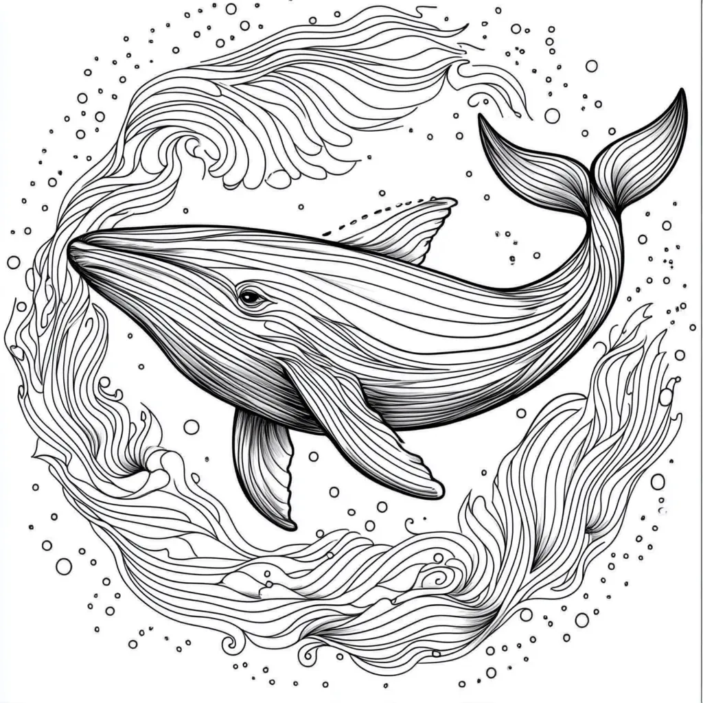 A detailed line drawing of a humpback whale gracefully swimming amidst swirling ocean waves.  Intricate lines define the whale's body and the flowing water, creating a sense of movement and serenity.  Small circles dot the background, suggesting bubbles or plankton. The artwork is reminiscent of a coloring page, with its high level of detail and black and white aesthetic.