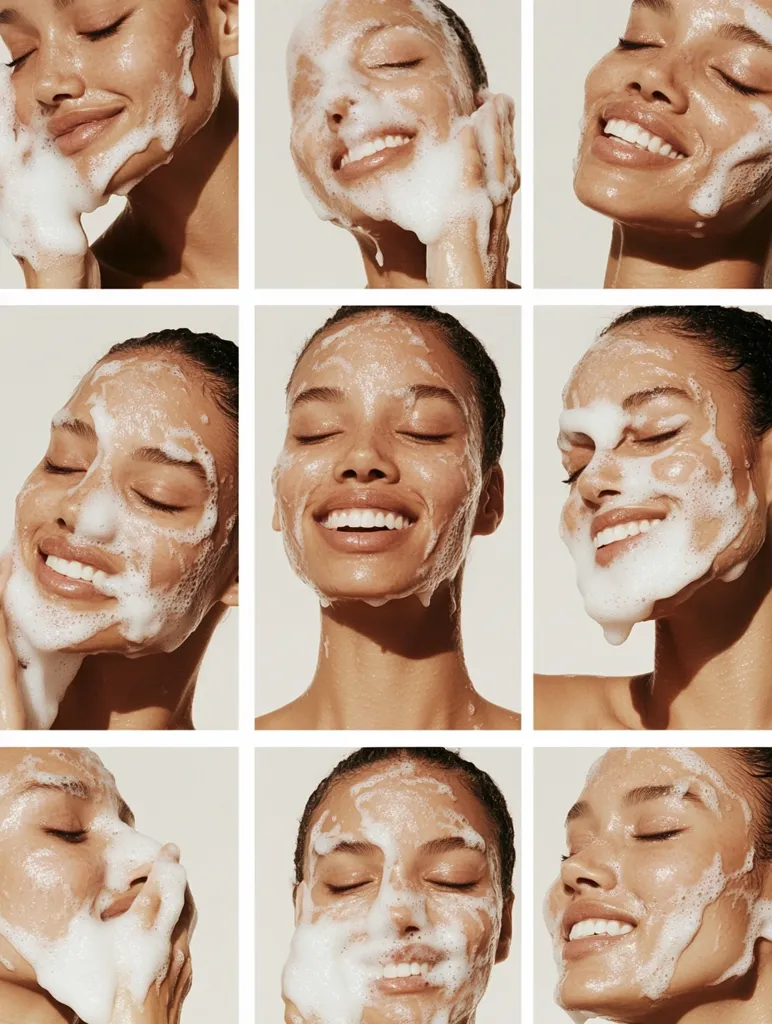 Nine close-up images showcase a woman's face covered in cleansing foam.  Each photo captures a different angle and expression as she washes her face, highlighting the rich lather and the process of cleansing. The images are bright and well-lit, emphasizing the product's texture and the woman's radiant skin.