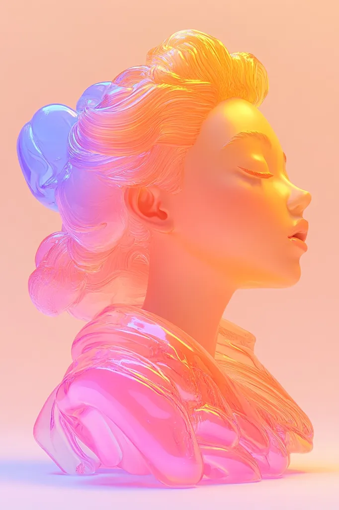 A digital rendering of a female bust, sculpted in a style reminiscent of classical statuary. The bust is rendered in iridescent, translucent colors transitioning from cool blues to warm oranges and pinks, creating a vibrant, almost ethereal effect.  The hair is intricately detailed, flowing elegantly around the serene face. The overall aesthetic is modern and artistic, blending classical forms with contemporary digital techniques.