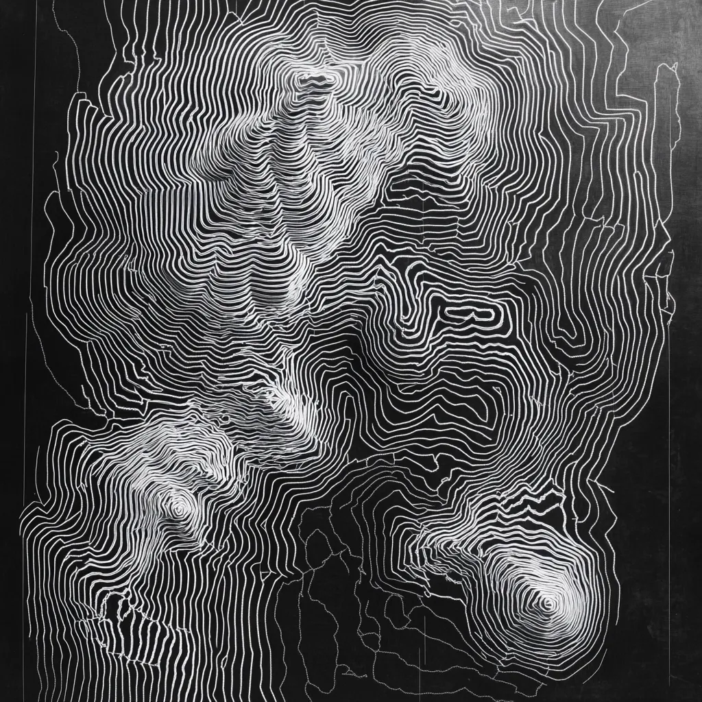 The image presents an abstract topographic map rendered in stark black and white.  Intricate, swirling lines depict a mountainous landscape, with peaks and valleys suggested by concentric circles and flowing contours. The style is minimalist, emphasizing the form and texture of the land through the linework.  The dark background enhances the contrast of the white lines, creating a visually striking representation of elevation.