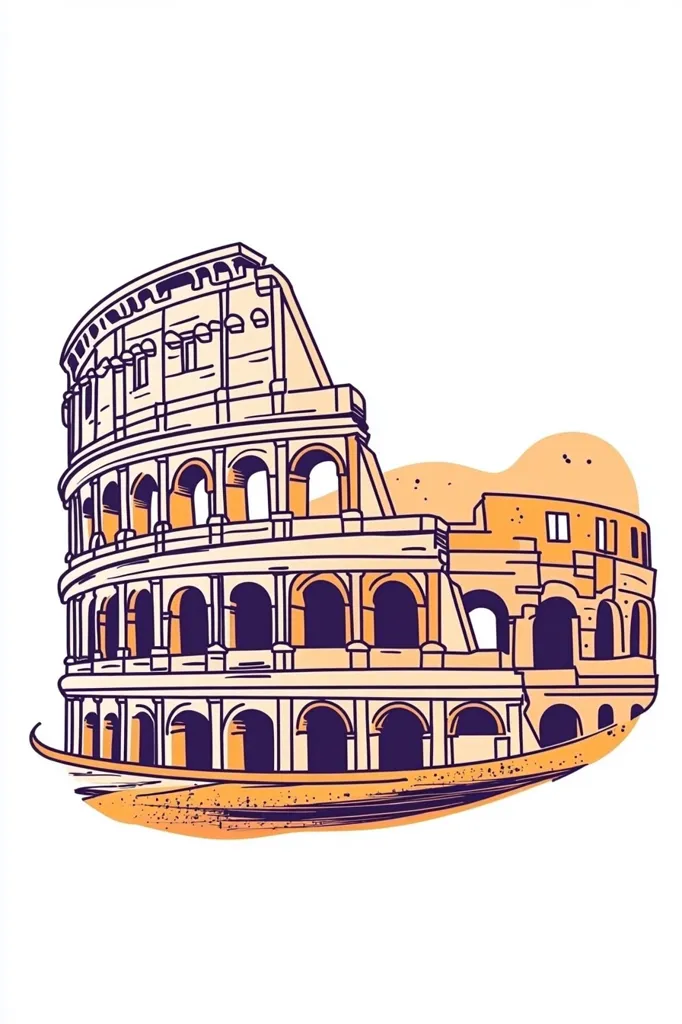 The illustration depicts the Colosseum in Rome, Italy.  The iconic amphitheater is shown in a stylized drawing, with warm orange and purple tones highlighting its layered arches and structure.  A portion of the outer wall is also visible, showcasing the historical landmark's grandeur. The image is presented against a white background, emphasizing the Colosseum's architectural details.