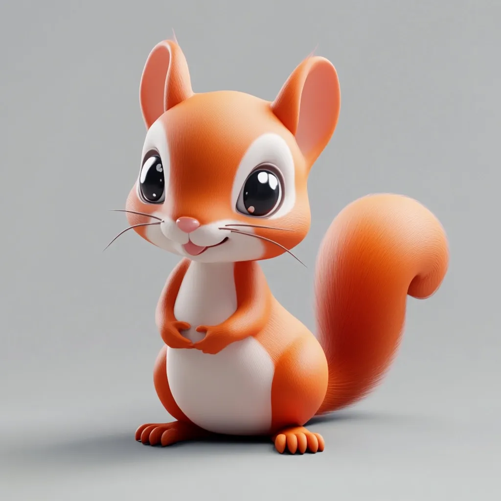 A charming, cartoonish squirrel is depicted in a 3D render.  Its fur is a vibrant orange, contrasting with a white belly. Large, expressive eyes and a cheerful smile give it an endearing appearance.  The squirrel sits upright, paws neatly together, its bushy tail curled behind it. The overall style is cute and playful, suitable for children's media.
