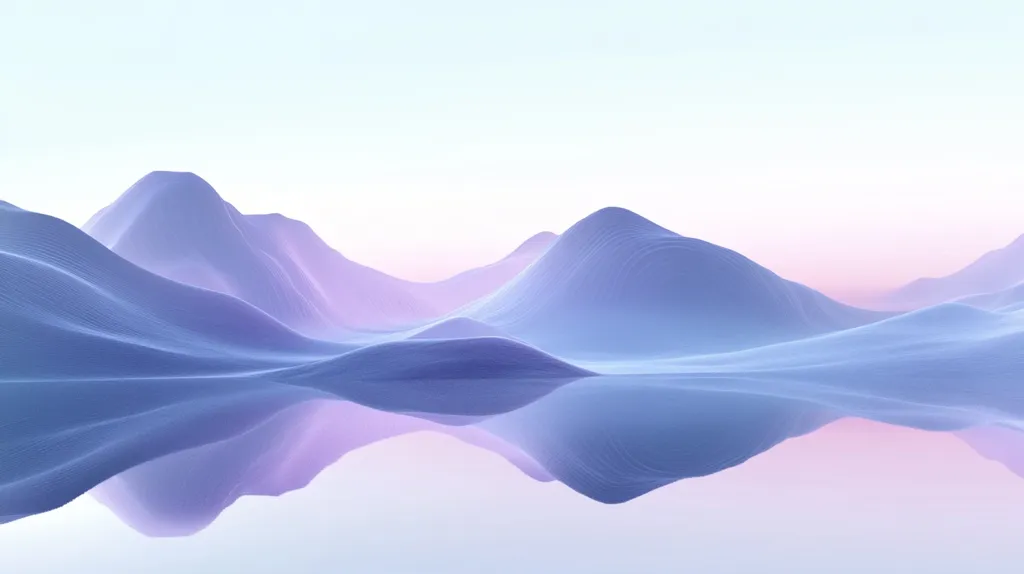 A serene landscape of pastel-colored, smooth mountains is reflected perfectly in a still, calm lake.  The sky is a soft, light blue and pink, creating a dreamy and ethereal atmosphere. The image is minimalist and calming, with a focus on soft gradients and flowing lines.  The overall effect is one of tranquility and peaceful beauty.